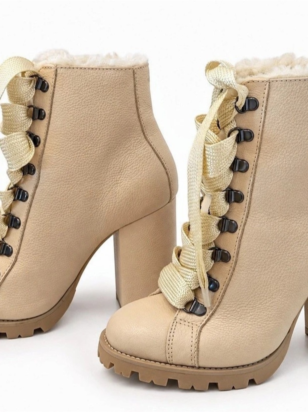 Platform Lace-Up Combat Boots in Beige Like New